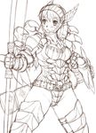  armor arrow belt bow_(weapon) breastplate gauntlets helmet monochrome monster_hunter original pauldrons simple_background solo uchiu_kazuma weapon white_background 