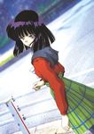  bishoujo_senshi_sailor_moon black_hair cowboy_shot green_skirt hino_ryutaro looking_back mugen_gakuen_school_uniform plaid plaid_skirt purple_eyes school_uniform serafuku short_hair skirt solo tomoe_hotaru 