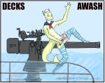 2_penises anthro clothing english_text fish genitals gun legwear male marine multi_genitalia multi_penis multicolored_body navy penis ranged_weapon shark shekles solo submarine suds text thigh_highs two_tone_body vehicle watercraft wave weapon yellow_body