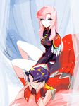  bangs bare_legs closed_eyes curtains dress epaulettes eyes_visible_through_hair himemiya_anthy kan lying multiple_girls no_nose on_stomach parted_bangs pink_hair purple_hair red_dress short_hair shoujo_kakumei_utena sitting tenjou_utena wrist_cuffs 