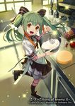  apron blush brown_eyes cooking doll_joints green_hair kitchen looking_at_viewer matsui_hiroaki mixing_bowl official_art open_mouth smile solo twintails whisk z/x 