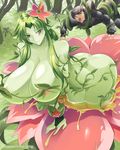  3boys alraune areolae armor ass blurry blush breast_rest breasts collarbone depth_of_field entangled faceless flower full_armor giant grass green_hair green_skin haganef hair_flower hair_ornament honey huge_breasts knight long_hair looking_at_another lying monster_girl monster_girl_encyclopedia multiple_boys nude on_back plant plant_girl pointy_ears purple_eyes sidelocks single_bridal_gauntlet smile sword thighs very_long_hair vines watermark weapon 