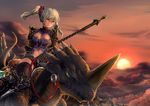  armor black_legwear breasts cleavage creature elenia_(sennen_sensou_aigis) gauntlets greaves hair_ornament highres medium_breasts midriff mount navel polearm red_eyes reins sennen_sensou_aigis shoulder_armor solo spear sunset thighhighs usuki_(graygreed) weapon white_hair 