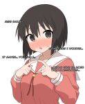  1girl 64vii anime_coloring azumanga_daioh azumanga_daioh&#039;s_school_uniform blush brown_eyes brown_hair english_commentary english_text hashtag-only_commentary highres index_fingers_together kaori_(azumanga_daioh) long_sleeves looking_at_viewer orange_serafuku parted_lips sailor_collar school_uniform serafuku shirt short_hair simple_background solo sweatdrop talking upper_body white_background white_sailor_collar 