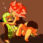  bad_id bad_pixiv_id bike_shorts blush domino_mask green_hair headphones imminent_kiss inkling jacket long_hair mask multiple_girls myonmyon_(hama_natu) octarian red_hair splatoon_(series) splatoon_1 squidbeak_splatoon takozonesu tentacle_hair yuri 