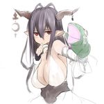  antenna_hair bangs black_gloves breasts cleavage crescent danua draph dress finger_in_mouth fingerless_gloves frog gloves granblue_fantasy hair_between_eyes hand_puppet horn_ornament horns large_breasts long_hair masamuuu pointy_ears puppet purple_hair simple_background solo thumb_sucking white_background white_dress 