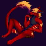  2015 4_toes abs angiewolf anthro black_fur dragon featureless_crotch fur furred_dragon hair male multicolored_fur orange_fur orange_hair orange_stripes paws purple_background red_fur sharp_claws simple_background solo stripes toes 