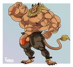  abs anthro balls belt biceps blue_eyes brown_fur bulge claws clothed clothing digimon ear_piercing feline fur furious half-dressed hyper hyper_muscles leomon lion male mammal muscular necklace nipples open_pants pants pecs penis piercing solo standing toe_claws topless underwear vein 