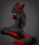  ambiguous_gender angiewolf anthro black_nose canine collar fur grey_background leash looking_at_viewer looking_back mammal markings pawpads paws red_eyes simple_background solo 