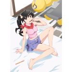  araragi_karen barefoot bed bedroom black_hair bow bowtie finger_in_mouth grey_eyes hair_ornament hairclip looking_at_viewer monogatari_(series) pleated_skirt ponytail scarf side_ponytail sitting skirt source_request tank_top teeth tongue toothbrush watanabe_akio 