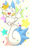  abstract_background ambiguous_gender blue_fur crown cute eyes_closed fur haripo_(artist) multicolored_fur nintendo open_mouth pachirisu patch pok&eacute;mon smile teeth tongue two_tone_fur video_games white_fur 