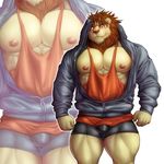  abs anthro big_muscles brown_fur brown_hair brown_nose bulge clothing feline fur hair hoodie jacket jin_(artist) lion looking_at_viewer male mammal muscular nipples open_jacket pecs red_eyes shirt shorts simple_background smile solo vest white_background 