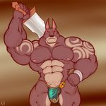  2015 abs anthro biceps big_muscles bracelet brown_fur bulge canine clothed clothing darknut fur gs half-dressed huge_muscles hyper hyper_muscles jewelry looking_at_viewer male mammal melee_weapon muscular muscular_male nintendo nipples pecs penis red_eyes simple_background solo standing sword the_legend_of_zelda tongue topless underwear video_games weapon wind_waker 