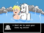  age_difference anthro blush breasts caprine child crossover duo earthbound_(series) female goat hot_spring human larger_female lucas male mammal nintendo partially_submerged size_difference smaller_male steam suggestive tongue tongue_out toriel undertale vappyvap video_games water wet young 