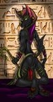  2015 anthro anubis backsack balls black_fur blaquetygriss claws clothed clothing deity egyptian fur half-dressed hieroglyphics humanoid_penis kneeling looking_back male pawpads penis piercing rear_view red_eyes smile solo topless 