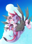  ambiguous_gender blue_eyes blush cloud eeveelution flying fur haripo_(artist) hydreigon nintendo open_mouth pink_fur pok&eacute;mon purple_skin red_eyes sky sylveon teeth tongue video_games white_fur 