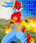  anthro backsack balls bottomless butt clothed clothing digimon draco_kun_(artist) erection fire flamedramon half-dressed looking_at_viewer looking_back male penis perineum precum rear_view red_eyes scalie solo 