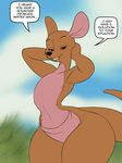  bedroom_eyes chochi dialogue disney english_text female half-closed_eyes hands_behind_head kanga kangaroo looking_at_viewer mammal marsupial outside pouch smile solo suggestive text thick_thighs wide_hips winnie_the_pooh_(franchise) 