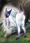  2015 anthro blue_eyes blush bow_(weapon) breasts butt caprine digitigrade female fur hair hooves kindred_(lol) krys lamb_(lol) league_of_legends long_hair looking_at_viewer mammal mask nude ranged_weapon sheep solo spirit video_games weapon white_fur 