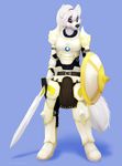  2015 anthro arctic_wolf armor blue_background broadsword canine clothed clothing cute female fur hair jamesfoxbr lineless mammal melee_weapon paint purple_eyes shield simple_background solo standing sword warrior weapon white_fur white_hair wolf 