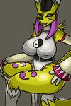  belt big_breasts big_butt breasts butt canastus canine clothing digimon female fox grey_background lipstick looking_at_viewer mammal mature_female nipples pinup pose priest simple_background solo taomon tattoo wide_hips 
