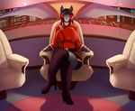  2015 anthro big_breasts breasts canine chair clothing fangs female hair high_heeled_boots long_hair looking_at_viewer lysergide mammal sitting solo star_trek video_games warcraft were werewolf wolf worgen yellow_sclera 