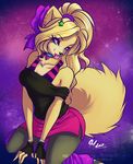  blue_eyes canine clothing collar dog female fingerless_gloves gloves leg_warmers legwear mammal nightmare_(artist) pantyhose pomeranian red_skirt solo tongue tongue_out 