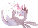  eeveelution eyes_closed fur haripo_(artist) hydreigon nintendo open_mouth pink_fur pok&eacute;mon purple_skin simple_background sylveon teeth tongue video_games white_fur 