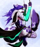  2015 angiewolf anthro arm_warmers cape clothed clothing digital_media_(artwork) feline fingerless_(marking) full-length_portrait fur_trim hair leopard loincloth mammal purple_hair purple_markings snow_leopard solo swing watermark 