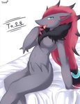 anthro bed blue_eyes blush breasts canine claws cute_fangs female fox foxteru fur hair looking_at_viewer mammal nintendo nude on_bed pok&eacute;mon red_hair smile solo tongue tongue_out video_games zoroark 