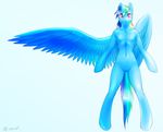  anthro blue_fur equine equus female friendship_is_magic front_view fur hair hooves looking_at_viewer mammal multicolored_hair my_little_pony navel nude pegasus rainbow_dash_(mlp) rainbow_hair simple_background solo standing surprise white_background wings 
