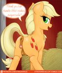  2015 anatomically_correct anatomically_correct_pussy animal_genitalia anus applejack_(mlp) blonde_hair butt clitoral_winking clitoris cutie_mark dialogue dock earth_pony english_text equine equine_pussy female feral freckles friendship_is_magic green_eyes hair half-closed_eyes hay horse long_hair mammal my_little_pony open_mouth patreon pony presenting presenting_hindquarters pussy solo stradivarius teats text 