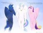  anthro crossgender crown cutie_mark equine equus friendship_is_magic horn humanoid_penis looking_at_viewer male mammal my_little_pony penis princess_cadance_(mlp) princess_celestia_(mlp) princess_luna_(mlp) text winged_unicorn wings 