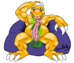  agumon balls barefoot chubby digimon digital_media_(artwork) dinosaur erection front_view hacking hand_on_head looking_at_penis male open_mouth penis reclining scalie signature sitting snowmutt solo spread_legs spreading unusual_penis 