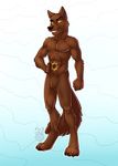  2015 abs anthro biceps brown_fur brown_nose canine claws fur looking_at_viewer male mammal muscular nude pecs smile solo standing tattoo teeth toe_claws vallhund wolf yellow_eyes 