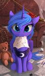  2015 blue_hair bolt bolt_(film) bow disney equine female feral friendship_is_magic fur hair horn long_hair looking_at_viewer mammal my_little_pony paper pencil photo plushie princess_luna_(mlp) sofa solo winged_unicorn wings yakovlev-vad 