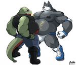  anthro belly biceps big_belly big_muscles black_sclera boots bulge canine chubby clothed clothing dinosaur dog duo elbow_pads fingerless_gloves footwear gloves half-dressed hound_(character) maldu male mammal musclegut muscular muscular_male nipples overweight pecs scalie shirt speedo sweat swimsuit tank_top topless underwear 