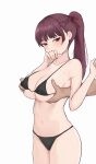  1boy 1girl absurdres bikini black_bikini blush breasts commentary english_commentary fiftya girls&#039;_frontline girls&#039;_frontline_2:_exilium grabbing_another&#039;s_breast grabbing_from_behind groping hetero high_ponytail highres large_breasts long_hair makiatto_(girls&#039;_frontline_2) navel ponytail purple_hair red_eyes simple_background solo_focus stomach swimsuit wa2000_(girls&#039;_frontline) white_background 