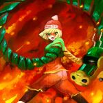  1girl arms_(game) ass blonde_hair byte_(grunty-hag1) chinese_clothes fire from_side green_eyes green_shirt hat knit_hat long_arms looking_at_viewer mask medium_hair min_min_(arms) open_mouth red_hat shirt shorts solo 