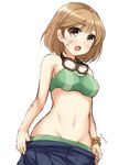  bandaid bandaid_on_arm bandaid_on_face brown_eyes brown_hair don_(29219) fang goggles goggles_around_neck groin kantai_collection looking_at_viewer navel oboro_(kantai_collection) open_mouth scrunchie short_hair simple_background skirt skirt_pull solo stomach swimsuit twitter_username white_background wrist_scrunchie 