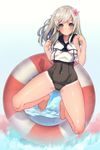  ass_visible_through_thighs barefoot blue_eyes blush cloud covered_navel crop_top flower full_body ganida_boushoku gradient gradient_background hair_flower hair_ornament highres jumping kantai_collection lifebuoy long_hair looking_at_viewer ocean one-piece_swimsuit one-piece_tan ro-500_(kantai_collection) school_swimsuit school_uniform serafuku sky sleeveless smile solo swimsuit swimsuit_under_clothes tan tanline white_hair 