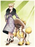 1girl absurdres ahoge blonde_hair blue_eyes border buttons closed_mouth collarbone earrings eyeshadow furfrou glint hand_on_own_hip high_heels highres jacket jett_(pokemon) jewelry long_sleeves makeup mature_female max_art149 pokemon pokemon_(creature) pokemon_legends:_z-a short_hair skirt standing swept_bangs yellow_eyeshadow 