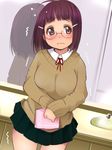  blush breasts brown_eyes cardigan cleavage commentary_request glasses hair_ornament hairclip have_to_pee kozue_akari large_breasts long_sleeves mirror original purple_hair red-framed_eyewear school_uniform shirt skirt solo sweatdrop sweater trembling wavy_mouth 