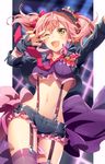  ;d black_gloves bow breasts brown_eyes crop_top crop_top_overhang earrings frills gals_rock_ambivalence garter_straps gloves hair_bow hair_ornament hat highres idolmaster idolmaster_cinderella_girls jewelry jougasaki_mika long_sleeves medium_breasts midriff mini_hat murakami_yuichi nail_polish navel necklace necktie one_eye_closed open_mouth outstretched_arm pink_hair pink_legwear shiny shiny_skin short_shorts shorts smile solo sparkle star star_hair_ornament stud_earrings suspenders suspenders_under_shirt thighhighs underboob v v_over_eye 