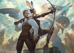  1boy 1girl absurdres aiming aircraft airship animal_ears arif_wijaya arrow_(projectile) balthier bow_(weapon) brown_hair copyright_name copyright_notice dark-skinned_female dark_skin ears_through_headwear english_commentary final_fantasy final_fantasy_xii fran_(ff12) gun highres lens_flare looking_to_the_side magic:_the_gathering official_art over_shoulder rabbit_ears rifle sitting smirk sun sunlight viera weapon weapon_over_shoulder white_hair 