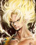  amaguchi_chiyoko bad_id bad_pixiv_id blonde_hair blood blood_from_mouth bruise chromatic_aberration collarbone dragon_ball dragon_ball_z electricity green_eyes highres injury long_neck male_focus portrait serious solo son_gokuu super_saiyan torn_clothes 