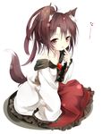  alternate_hairstyle animal_ears bare_shoulders brooch brown_eyes brown_hair chestnut_mouth collarbone finger_to_mouth gorilla_(bun0615) highres imaizumi_kagerou jewelry long_sleeves looking_at_viewer open_mouth ponytail shirt sitting skirt solo tail touhou werewolf wide_sleeves wolf_ears wolf_tail 