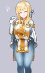  blonde_hair bodysuit breasts closed_eyes gloves kaida_michi large_breasts smile solo tabard 