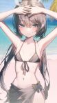  1girl absurdres alternate_costume alternate_hairstyle armpits arms_up beach bikini black_bikini black_butterfly black_hair black_sarong blue_archive blush bug butterfly closed_mouth collarbone commentary domi_(hongsung0819) fingernails flat_chest front-tie_top grey_eyes grey_halo hair_between_eyes halo highres kisaki_(blue_archive) light_particles long_hair looking_at_viewer low_twintails navel ocean outdoors sarong solo sweat swimsuit symbol-only_commentary twintails water 