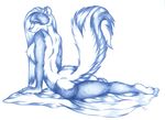  anthro big_tail blanket blue_and_white breasts butt fabric female fluffy_tail fur hindpaw looking_at_viewer lying mammal monochrome nduli nipples nude on_side paws pose seductive simple_background skunk smile soles solo toes white_background 